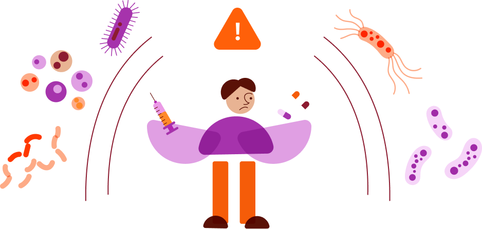 Illustration of antimicrobial resistance showing bacteria and a person
